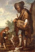 A Blind man playing a hurdy-gurdy,together with a young boy playing the drums,with a dancing dog, unknow artist